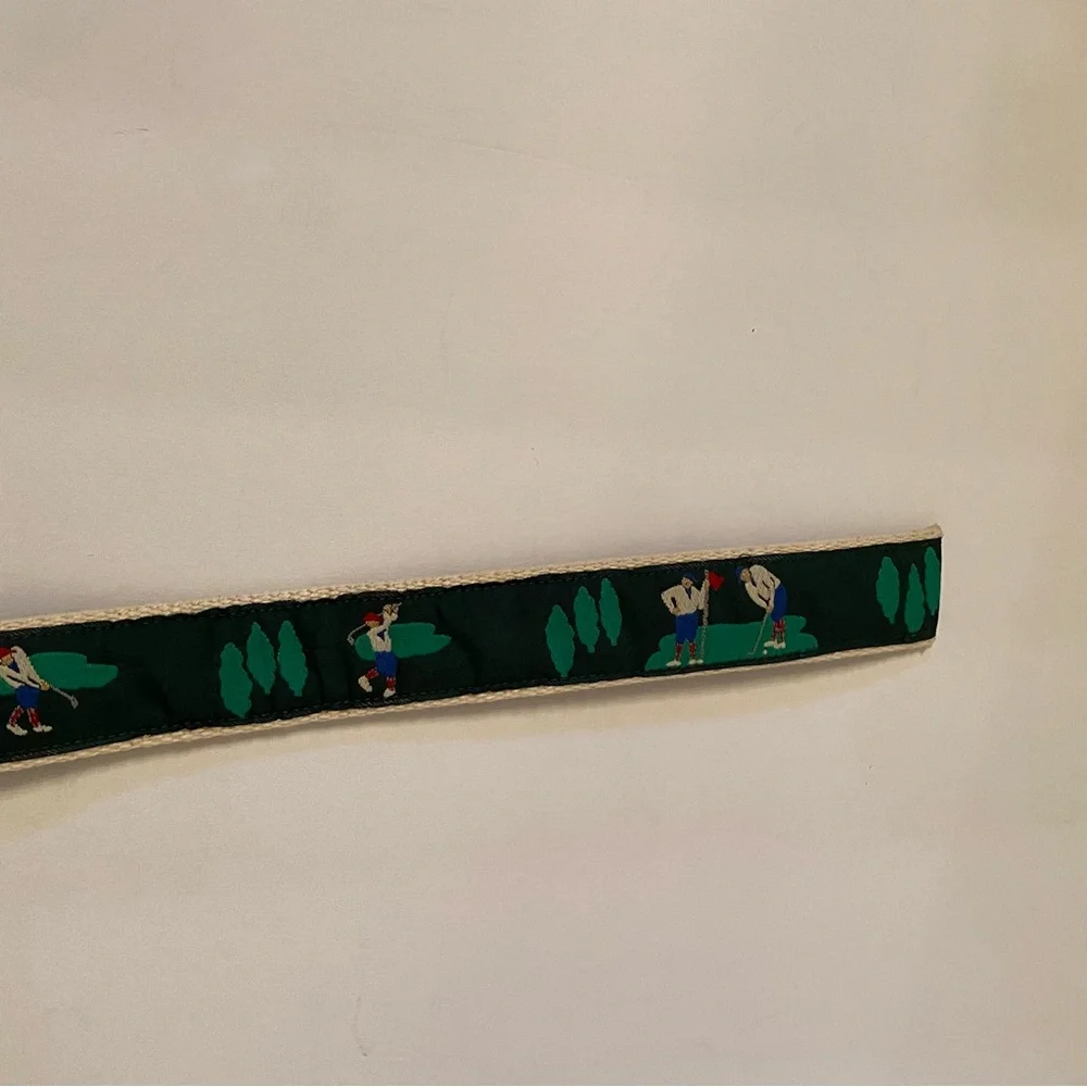 MENS BELT GOLF THEME GREEN CREAM WEBBING SILVER TONE D RINGS SIZE 38